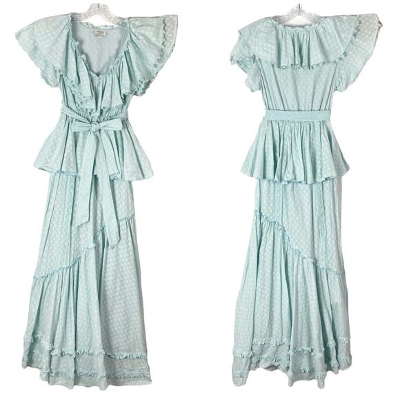 HEMANT&NANDITA Dress XS Sky-Blue Floral V Crochet Fit&Flare Ruffle Layered Long
